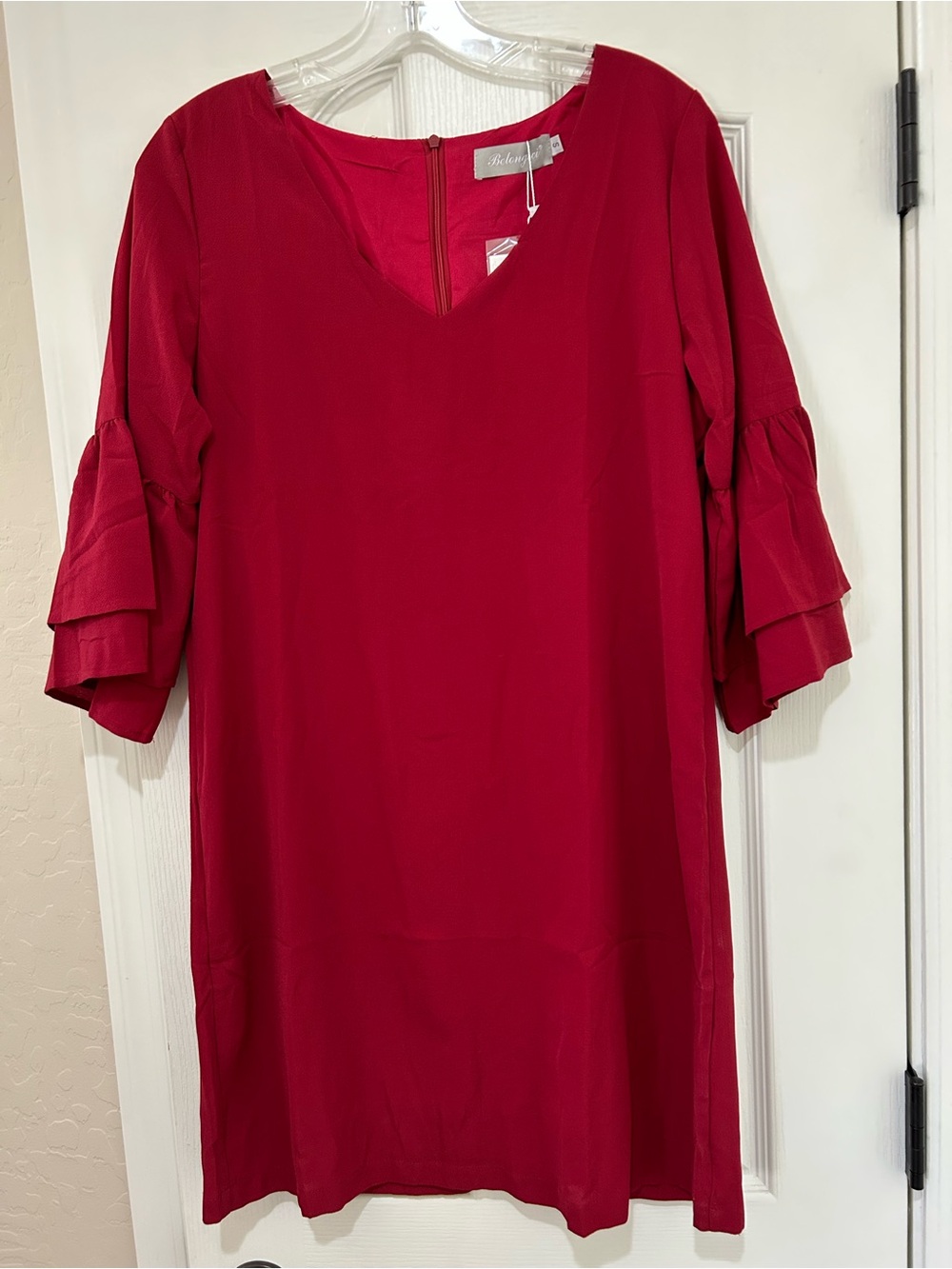 Ruby Red V-Neck Midi Dress with Tiered Sleeves by Belongsci NEW